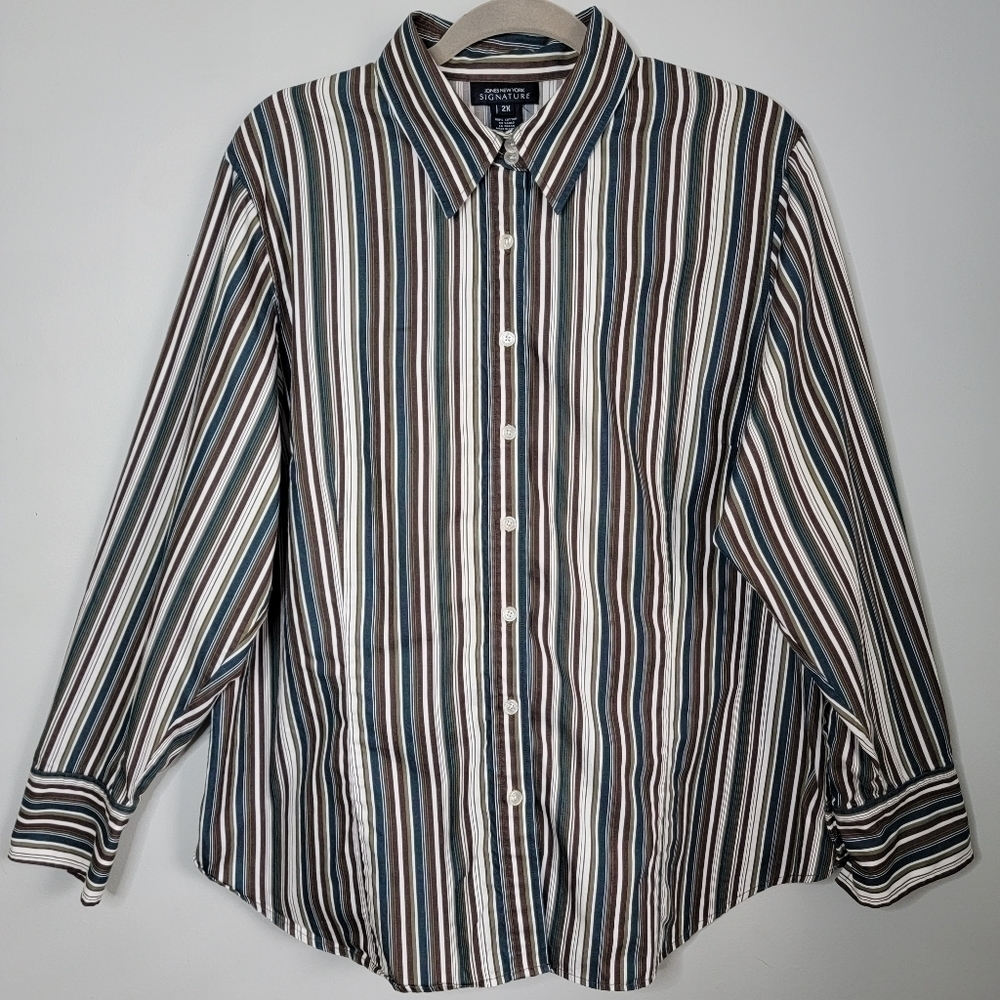 Jones New York 2X Cotton Striped Button Up Shirt